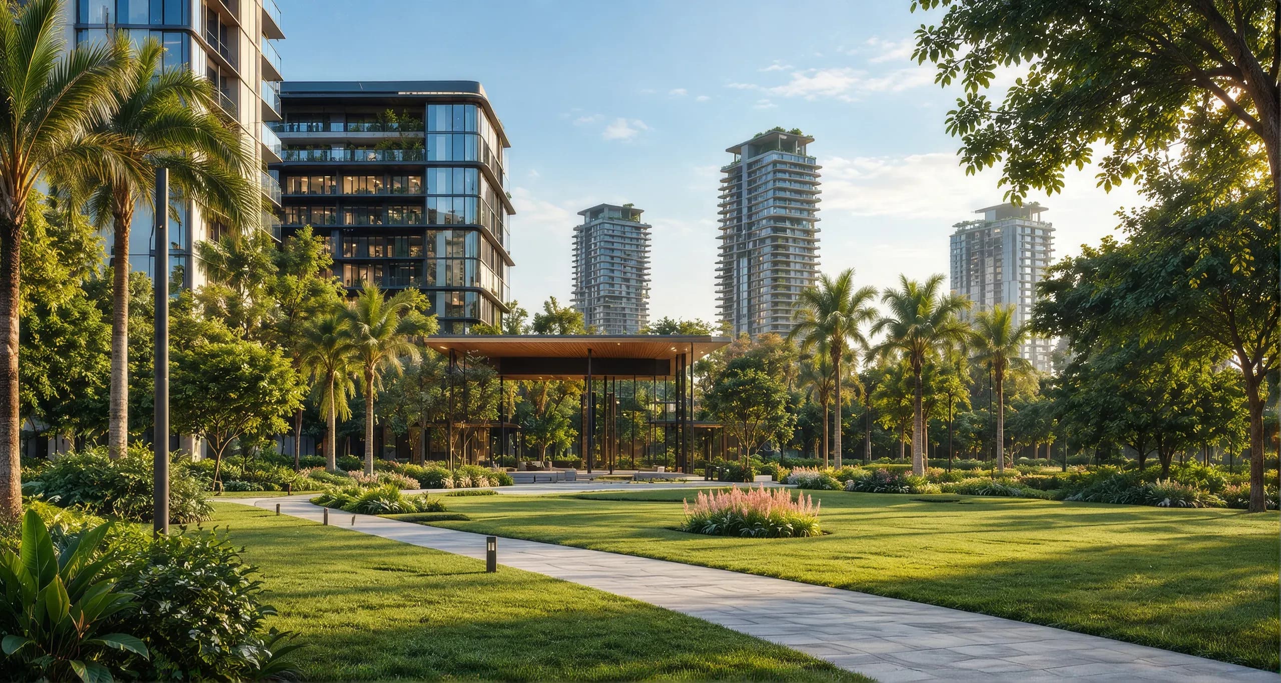 Landscaped park with palm trees in front of residential towers